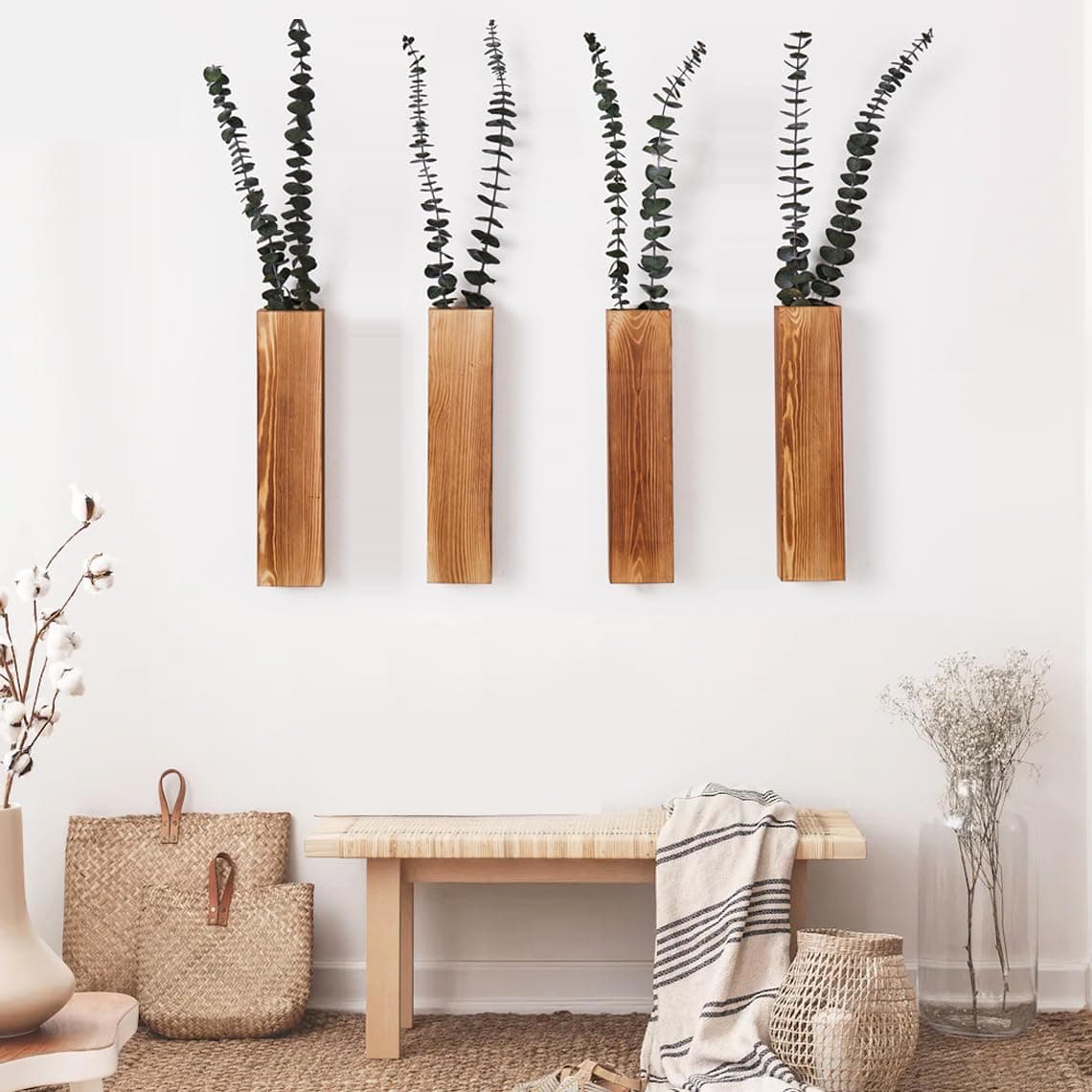4 Pack Wall Planters for Indoor Plants, Wood Wall Decor for Bedroom Living Room, Modern Farmhouse Wooden Pocket Wall Vases for Dried Flowers and Faux Greenery Plants (Brown)