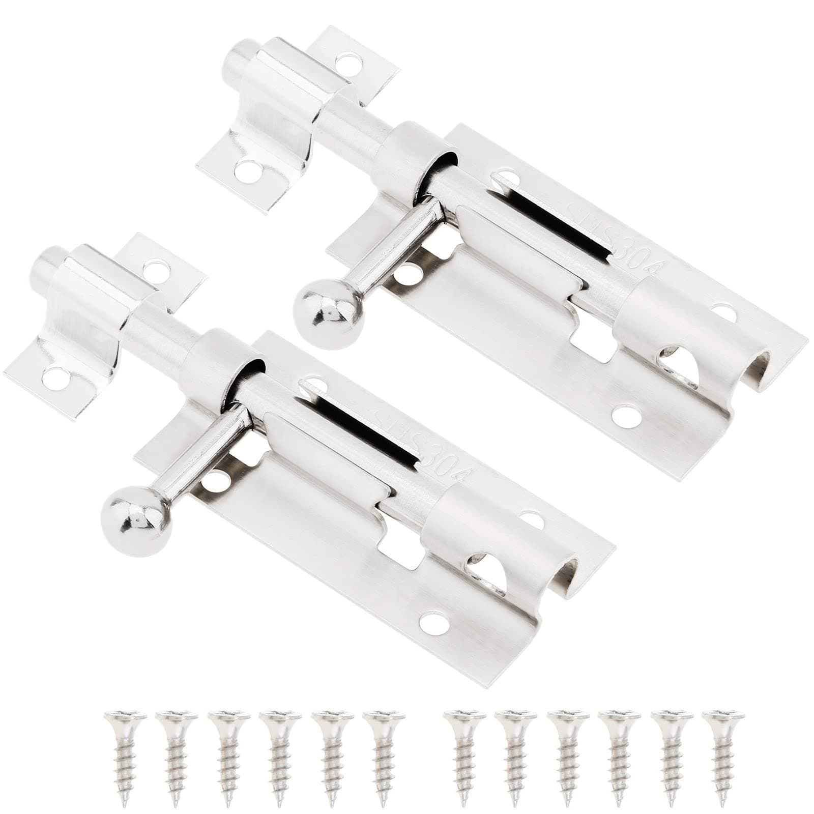 Barrel Bolt Door Lock Latch, 2 Pack 4 Inch Thickened 304 Stainless Steel Sliding Gate Latches with Padlock Hole, Door Security Slide Latch Lock