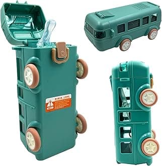 PLUSPOINT Bus Water Bottle for Kids Detachable Bus Straw Water Cup with Shoulder Strap Leak-Proof Kids Drink Cup Cartoon Water Jug Toy with Wheels Toddler Water Bottle(Color-Green)