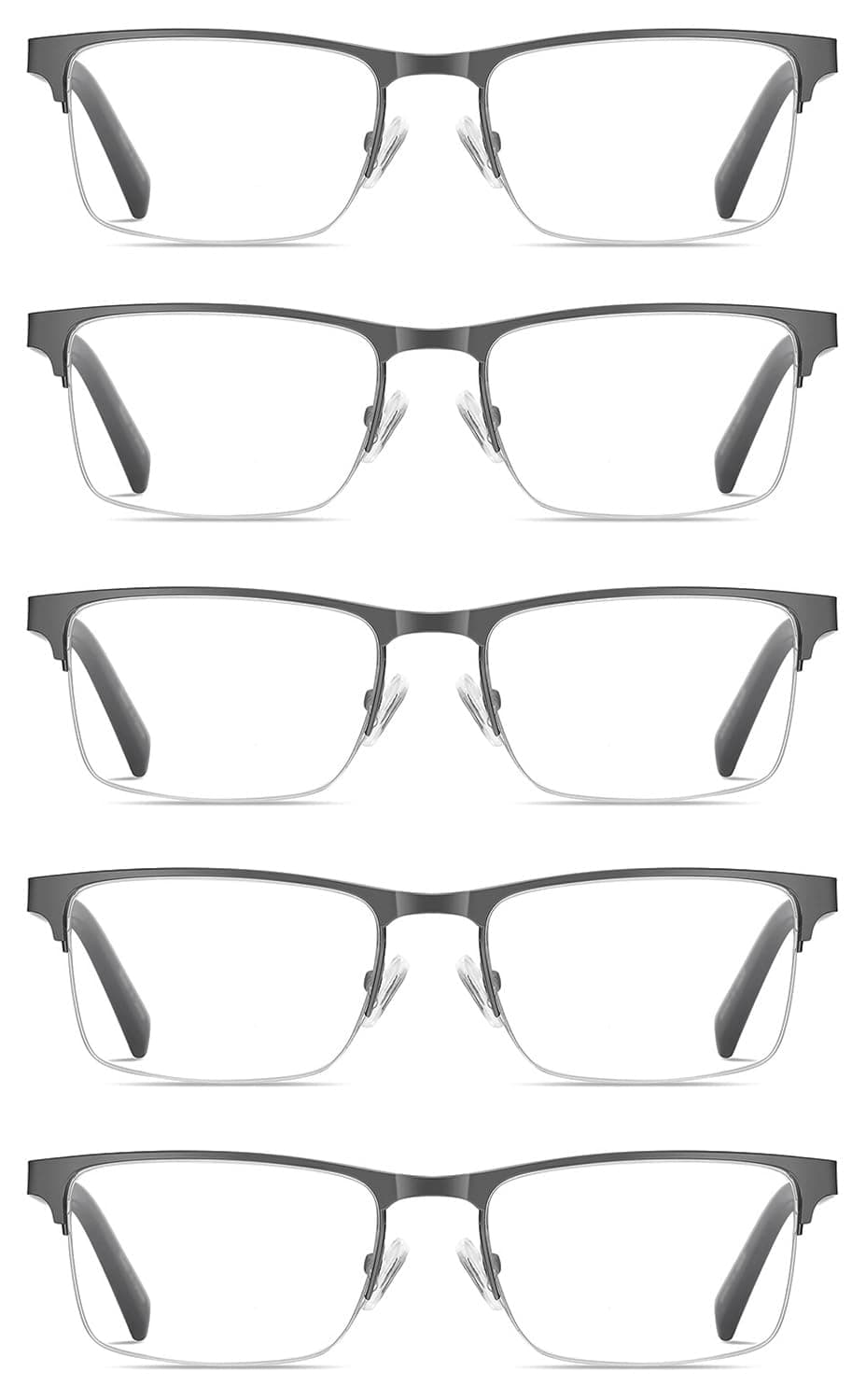 Eyecedar 5-Pack Reading Glasses for Men Women Blue Light Blocking Metal Gunmetal Half Frame Spring Hinge Anti Eyestrain Anti Glare Eyeglasses Computer Readers 2.50