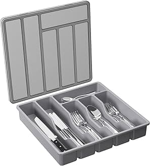 Lifewit Silverware Organizer with Lid, Covered Utensil Tray for Kitchen Drawer and Countertop, Plastic Cutlery and Flatware Storage Box for Spoons Forks Knives Holder Case, 12.6x11.8", Gray