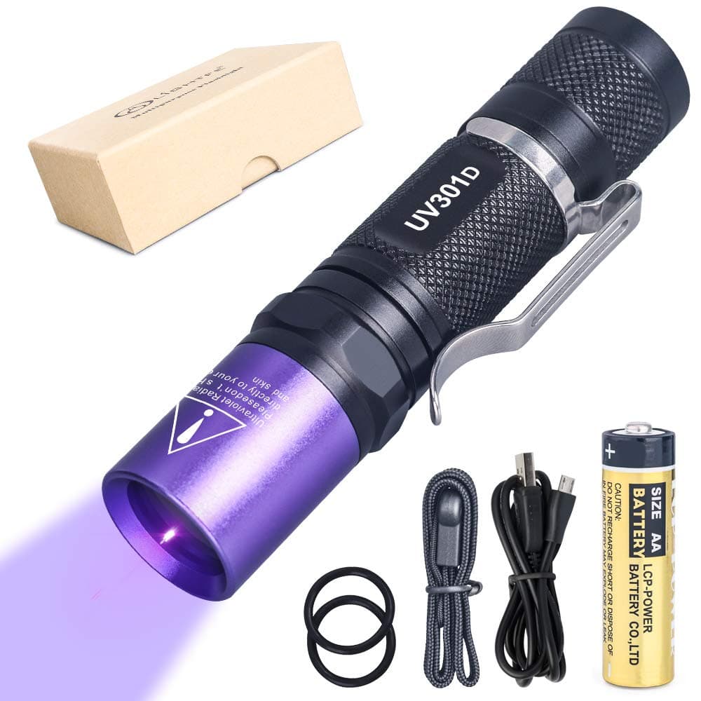 LIGHTFE UV301 365nm UV flashlight LED Purple Light Identification handheld black UV torch AA battery For Lamp -Spot Scorpions, Pet Urine, Counterfeit Money, Bed Bugs,For resin... (LED-UV301-365nm)