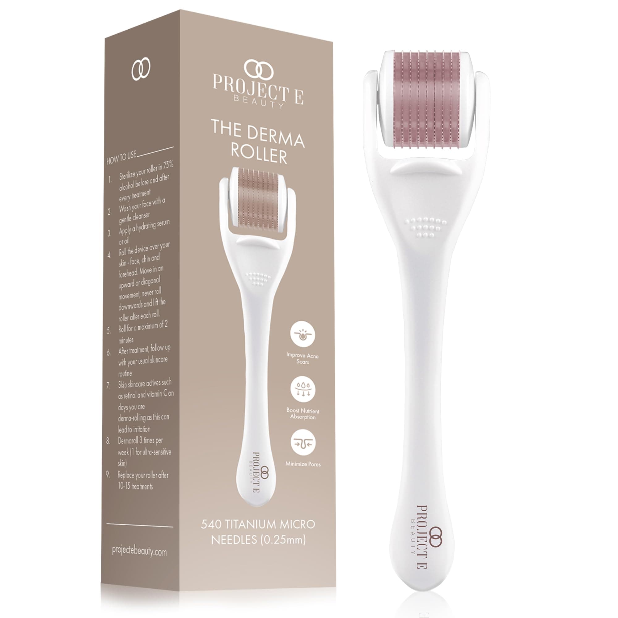 The Derma Roller by Project E Beauty | 540 Titanium Microneedle | 0.25mm Skincare Roller for Hair Growth, Face & Beard | Facial Roller | Anti-Aging | Reduce Scarring & Wrinkles