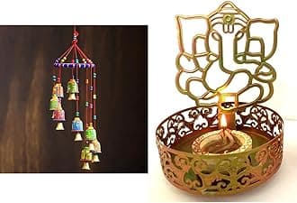 eCraftIndia handicrafted Decorative Wall/Door/Window Hanging Bells Wind Chimes Showpiece & eCraftIndia Shadow Ganesh Ji Metal Tea Light Holder (8 cm x 8 cm x 11 cm, Brown)