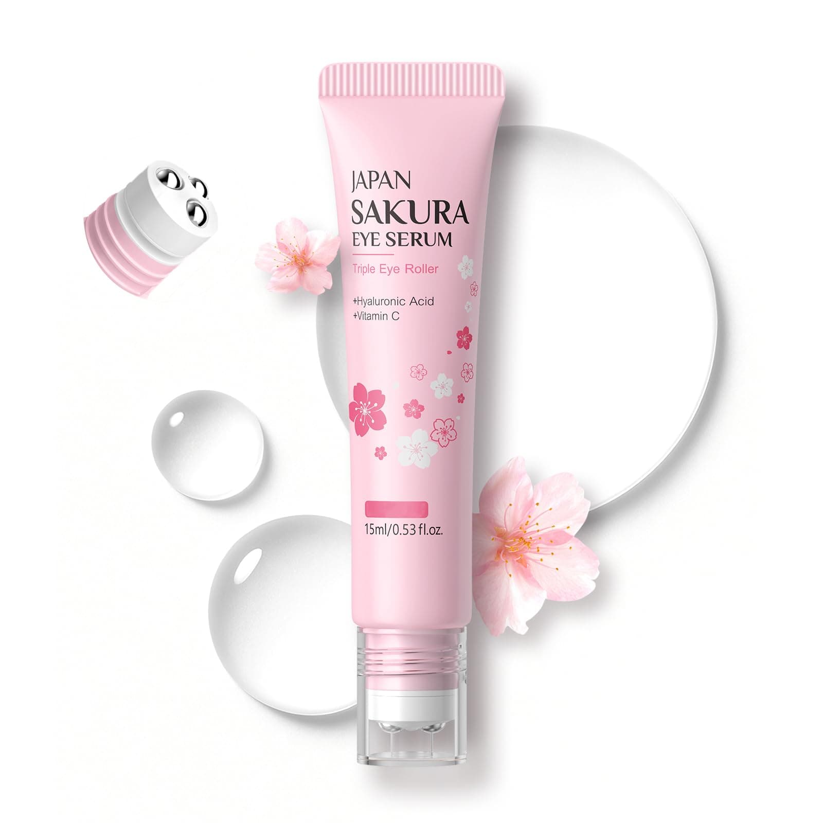 AKARY 2-in-1 Sakura Eye Serum and Eye Roller, Eye Massager Roller Lifting, Eye Cream for Nourishing Relieve Eye Bags, Dark Circles, and Puffiness, Fine Lines, Under Eye Treatment Cream