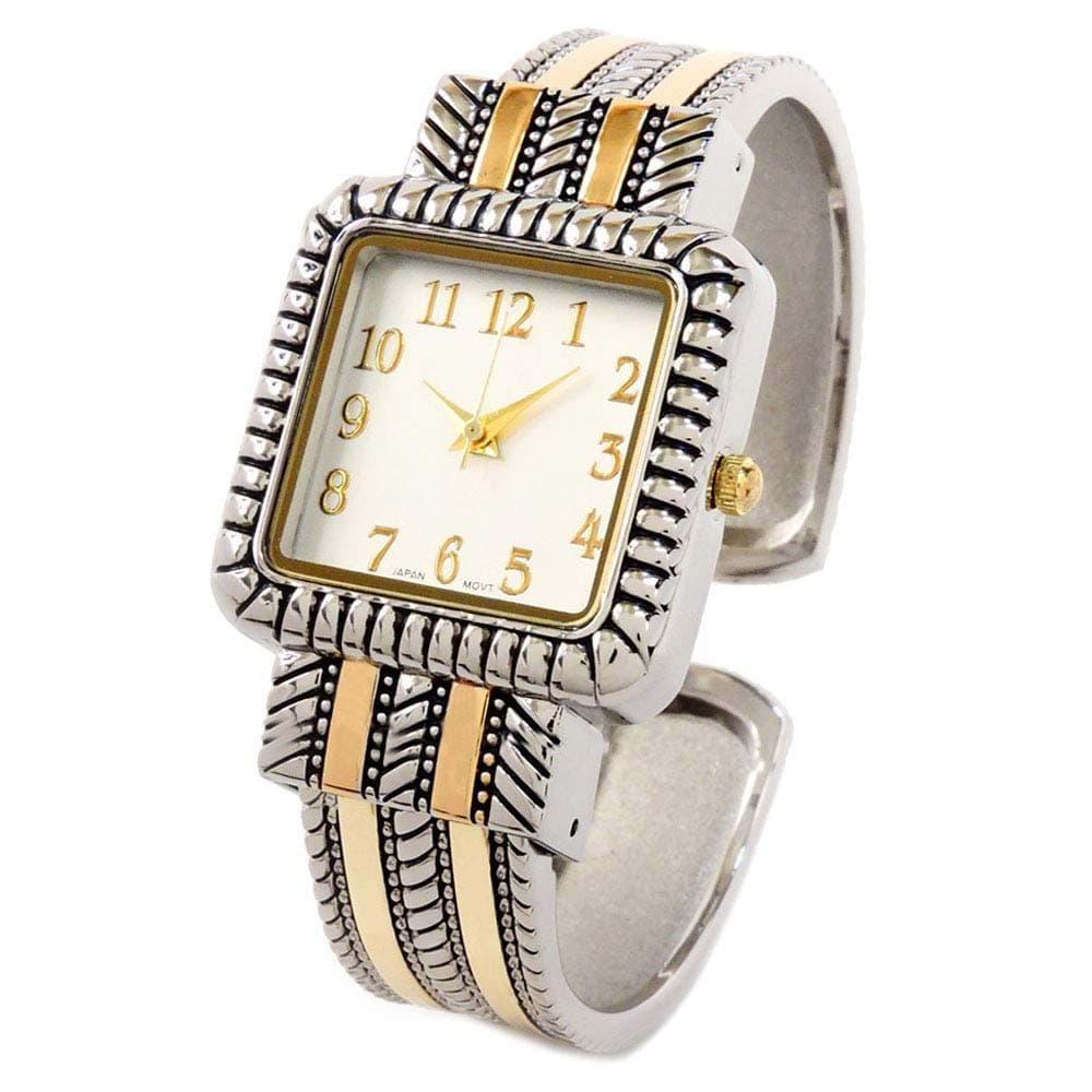 2Tone Western Style Decorated Square Face Women's Bangle Cuff Watch