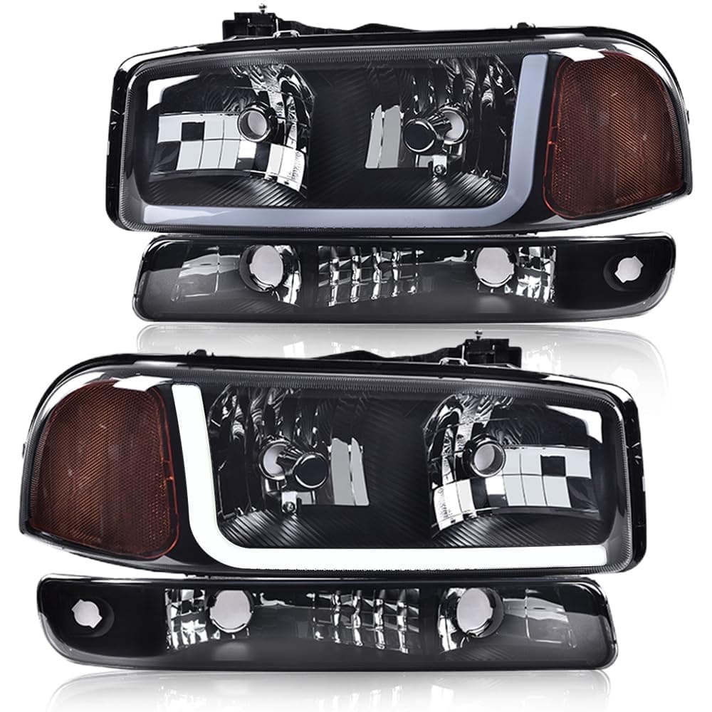 G-PLUS LED DRL headlights, Compatible with 1999-2007 GMC Sierra 1500/2001-2007 GMC Sierra 1500 HD bumper Headlamp, Smoky lens Black Housing Amber Reflector