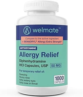WELMATE Allergy Relief - Diphenhydramine 50 mg - 1000 Count Capsules - Antihistamine - Allergy & Cold Symptoms - Sneezing, Runny Nose, Itchy Eyes & Throat