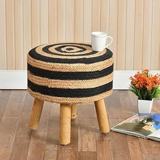 ShadowKart Jute Pouffes Sitting Stool for Living Room Puffy Wooden Ottoman Stools Cotton Knitted Pouf Footstool for Office Home Decor, 42x42x43Cm (Jute-BlackCream)