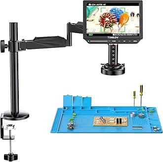 TOMLOV Autofocus 4K Digital Microscope, 8" TM4K-AF Flex Arm HDMI Micro Soldering Microscope for Adults, Coin Microscope with Ring Light, 52MP LCD Microscopes with Screen, Electronics Repair Mat, 64G