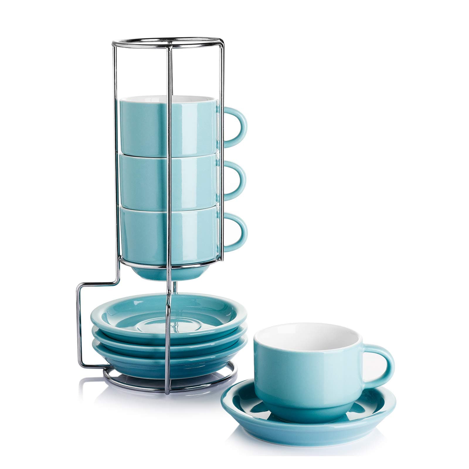 2.5 Ounce Porcelain Stackable Espresso Cups with Saucers and Metal Stand Set of 4, Turquoise