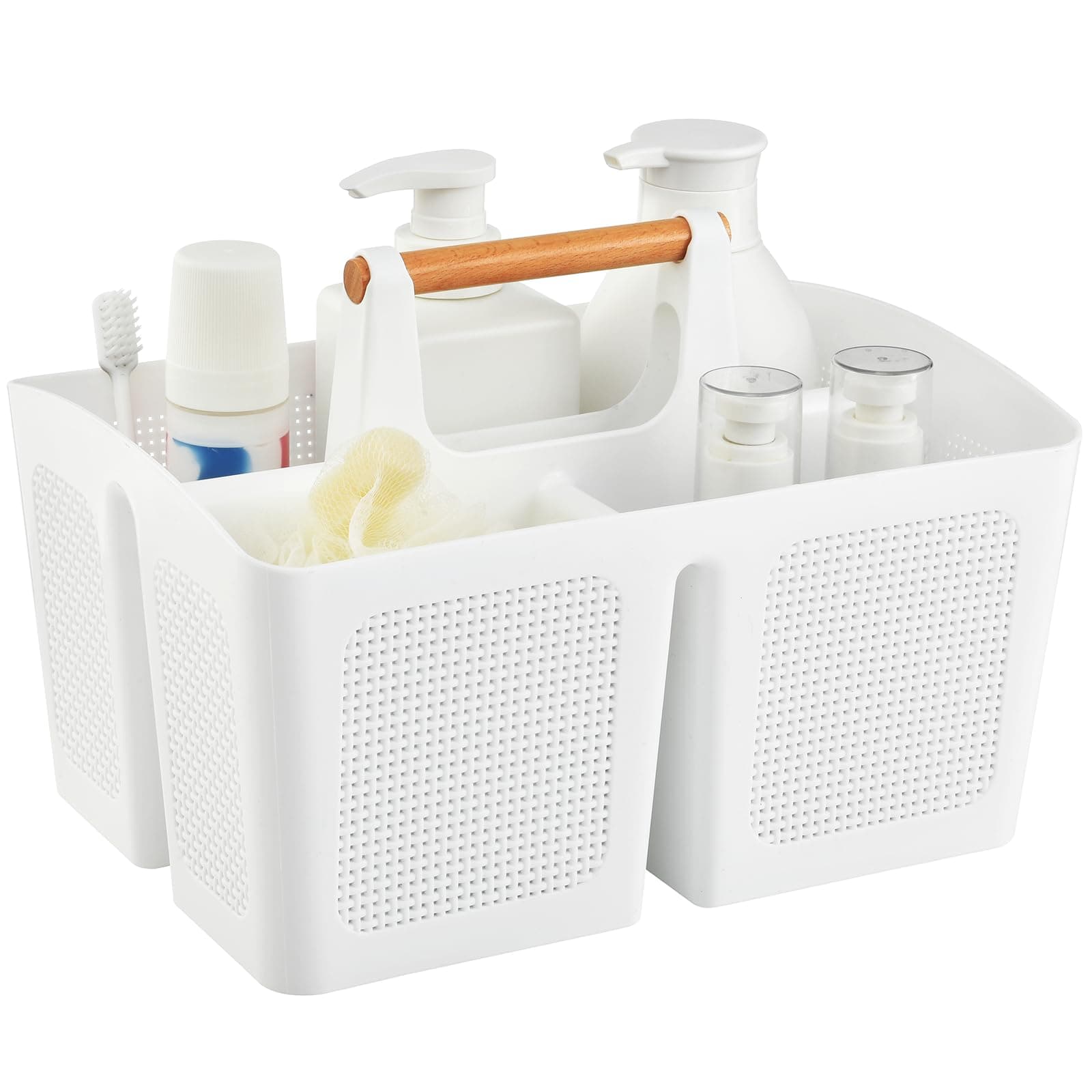 ALINK Portable Shower Caddy Basket with Compartments, Plastic Divided Cleaning Caddy Organizer Storage Tote with Handle for Bathroom, College, Dorm Room Essentials, White