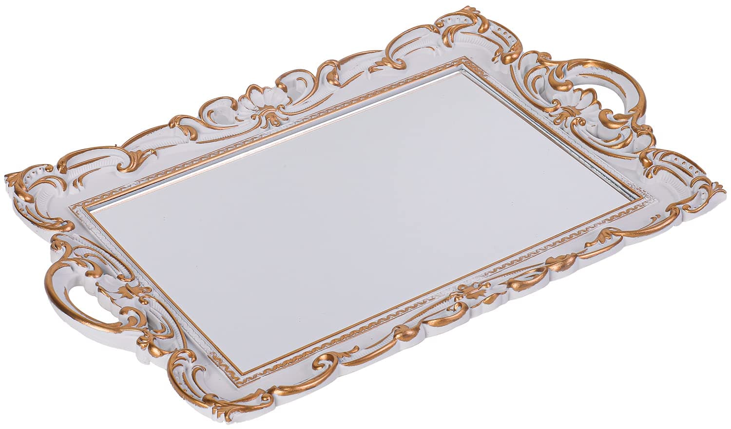 Sooyee Decorative Tray,Bathroom Tray Decor, 15.5x9.6 Mirror Serving Tray with Handle for Dessert Table,Coffee Table,Vanity,Home Decor,White and Gold