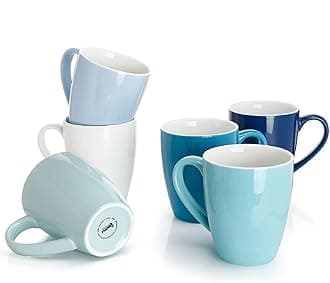 Porcelain Coffee Mugs - 16 Ounce - Set of 6, Cups for Latte, Hot Tea, Cappuccino, Mocha, Cocoa, Multicolor, Blue Assorted Colors