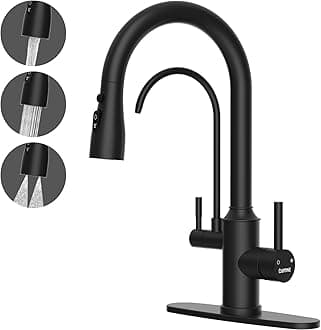 DAYONE Kitchen Faucet with Drinking Purfied Water Faucet Black, Stainless Steel 3 in 1 High Arc Sink Tap, 2-Handle 3-Way Pull Down Sprayer, (Without System)