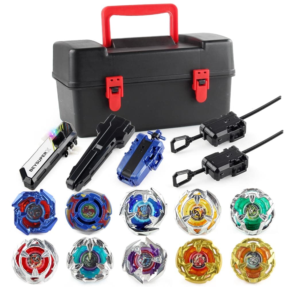 JIMIBey Gyro Burst Evolution Metal Fusion Attack Battle Set BX-001 with 10 Spinning Tops 3 Launchers Grips Storage Box for Kids Boys Ages 8 and Up