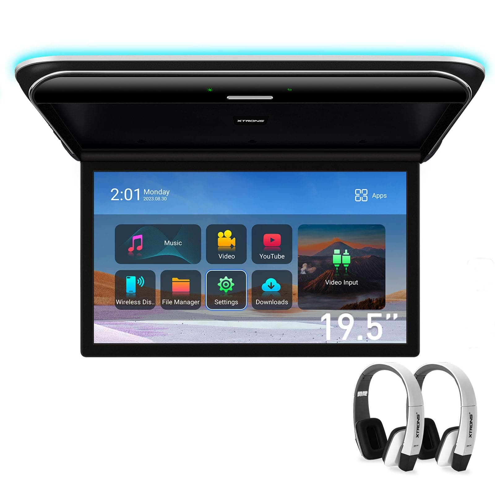 XTRONS Android Car Overhead Player 19.5 Inch Wide IPS Screen 8K Video Car Roof Mount Monitor Built-in Stereo Speakers Flip Down Overhead Car Monitor Support HDMI, USB, 2 White IR Headphones Included