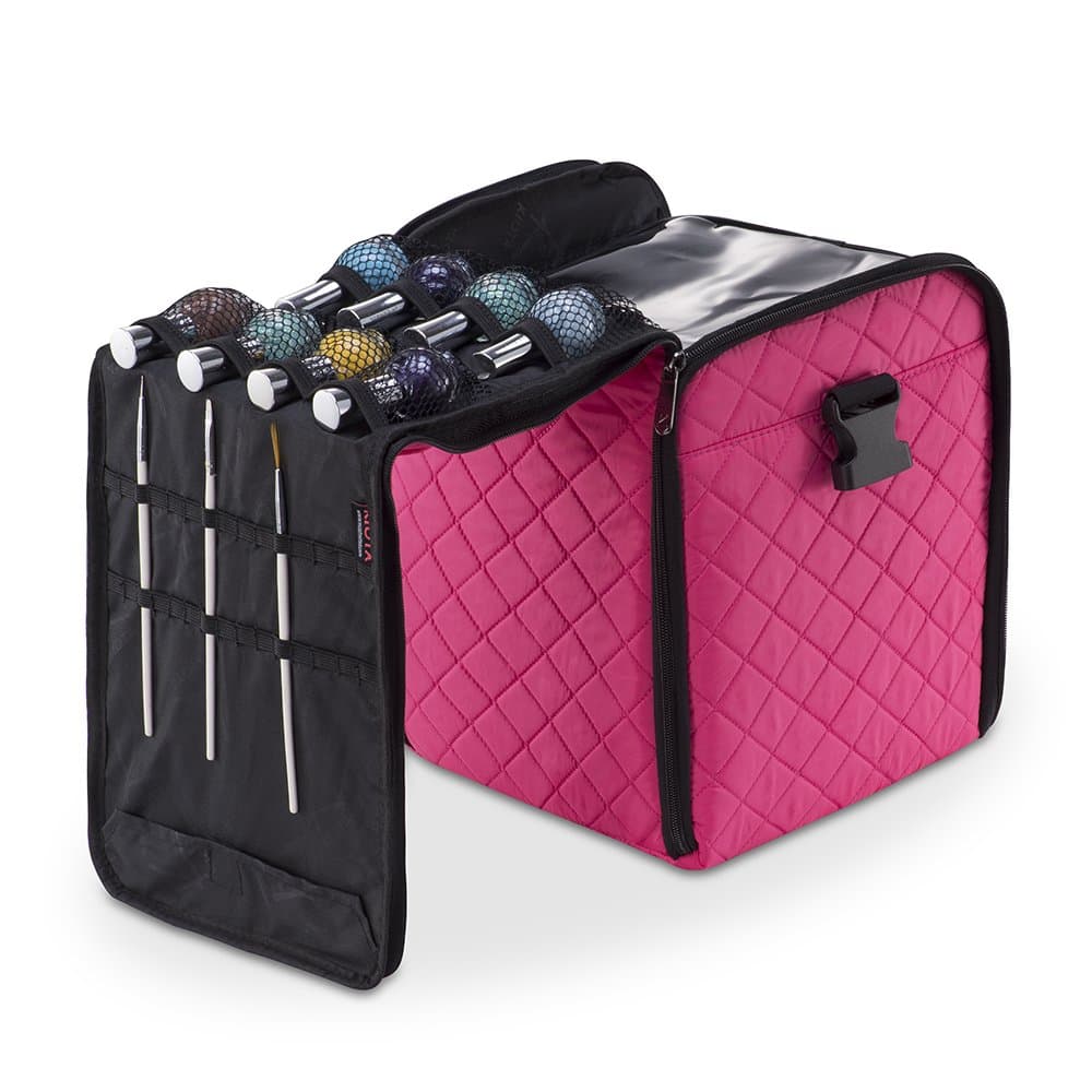 KIOTA Deluxe Soft Sided Nail Polish Storage Cube, 3 in 1 Organizer with Shoulder Strap, Mesh Pocket, Bubblegum