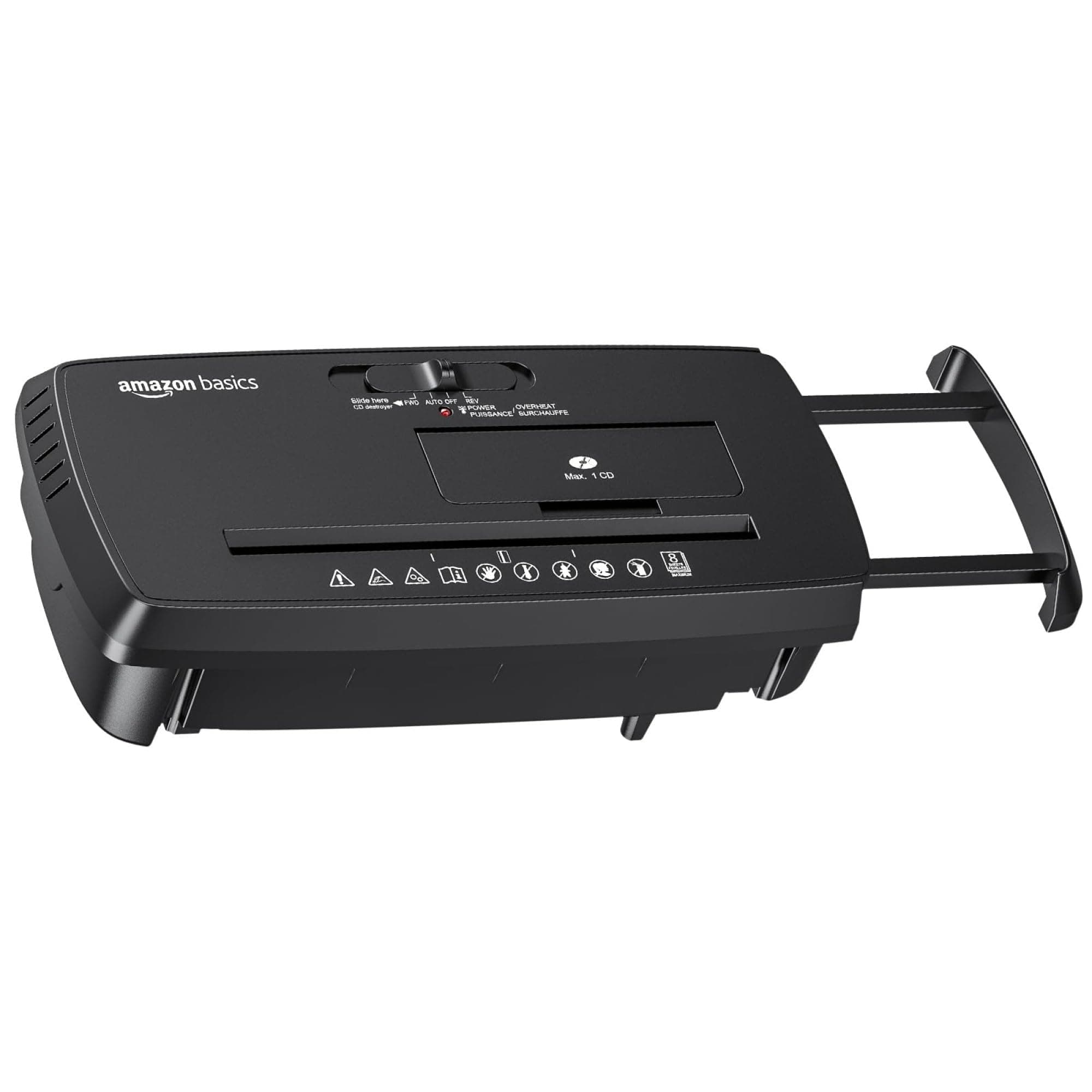 Amazon Basics 8-Sheet Strip Cut Portable Paper, CD, and Credit Card Shredder with Auto-Off, Overheat Protection, Compact Design, No Basket, Extendable Arm, Black