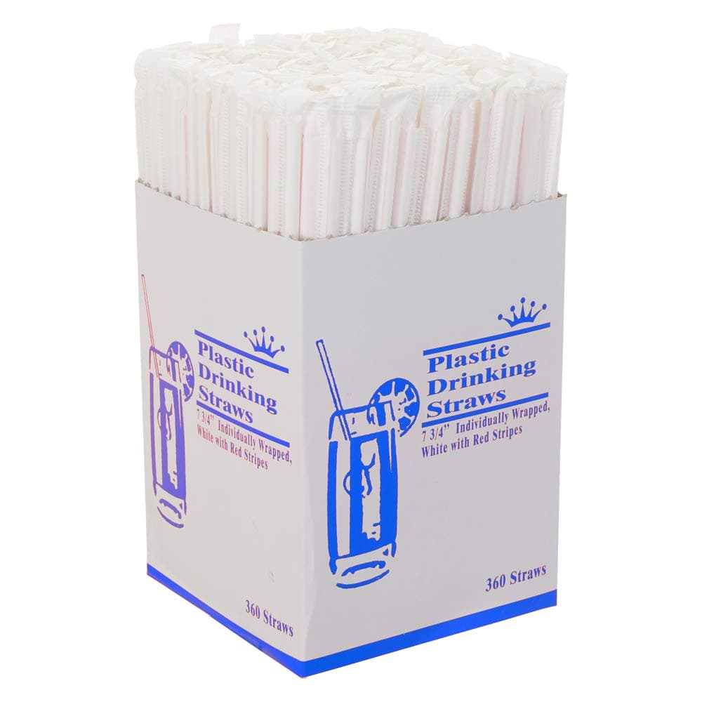 (Pack of 360) Plastic Drinking Straws – White with Red Stripes, Individually Wrapped, Food-Safe BPA Free – 7 3/4 Inches Long