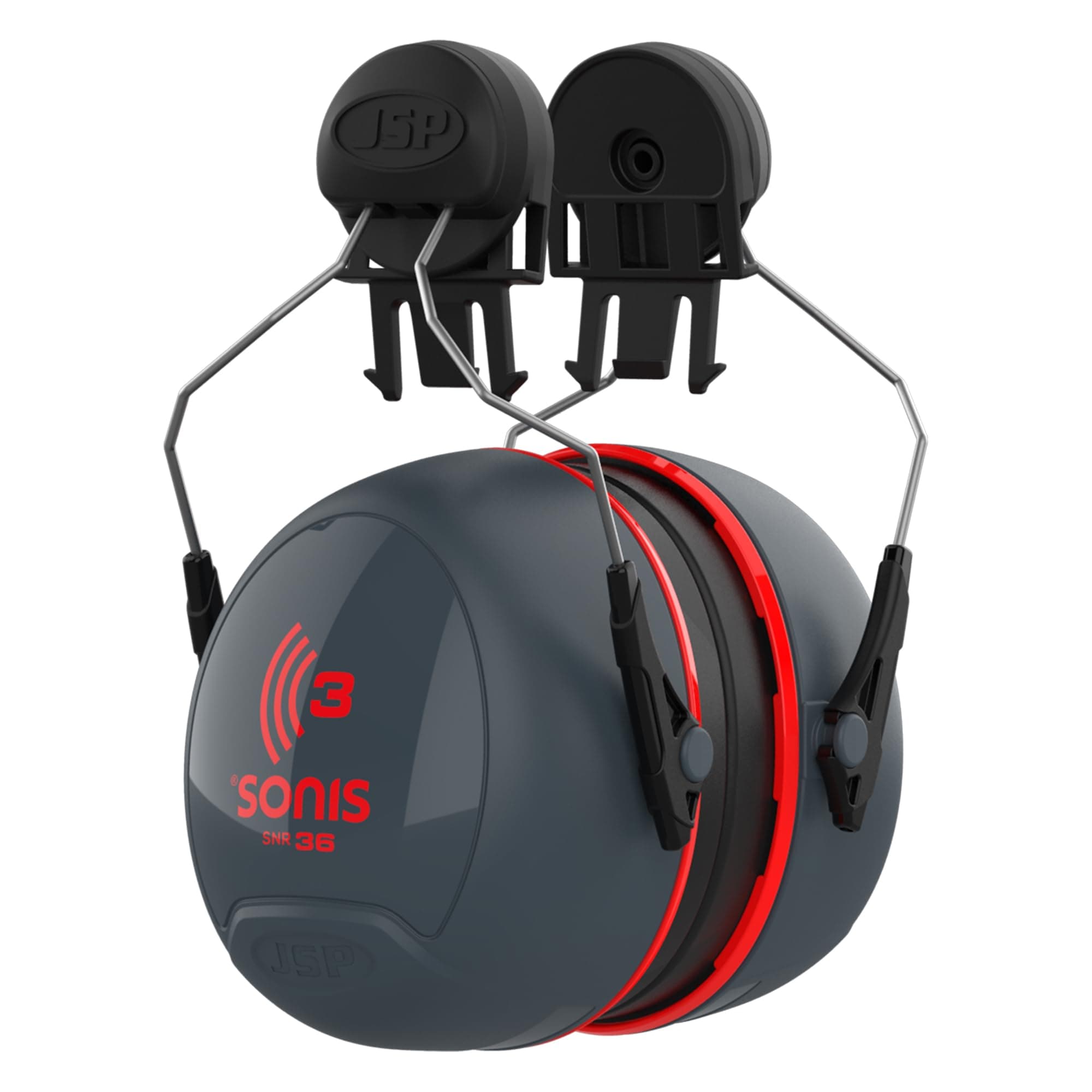 SONIS 3 Mounted Ear Defenders - 36dB SNR - Grey/Red - Hearing Protection Earmuffs for Adults - Flexible & Comfortable Fit - Compatible Hard Hats - EN 352-3