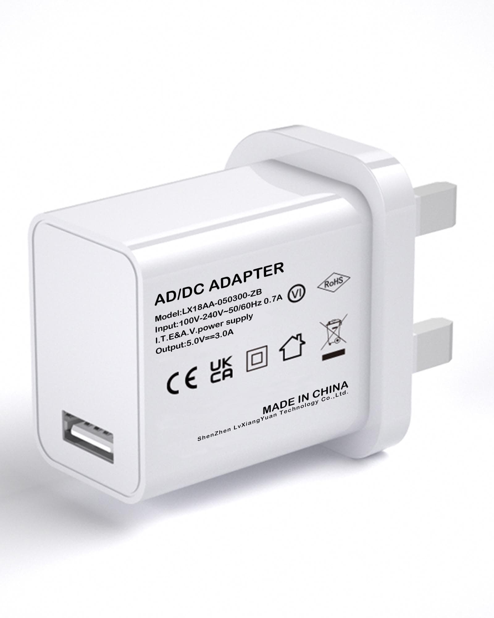 5V 3A 15W White USB Charger, UK Usb Plug, USB-A Output, 100V-240V Input, for Phone, Tablet, Speakers