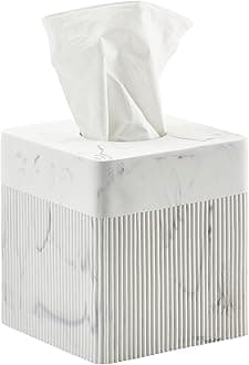 White Tissue Box Cover Square Resin Tissue Holder for Home Decor, Hand Poured Marble Ribbed Cube Tissue Box Holder – 5.5 Inch Heavy Duty Luxury Tissue Box Case for Bathroom, Living Room, Office