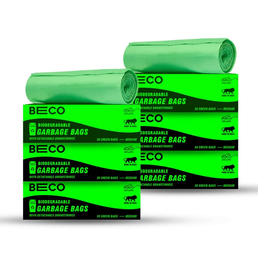 - Beco Eco-Friendly Garbage Bags | 180 Pcs | Medium-19 x 21 Inches | 30 Bags x 6 Rolls | Green | Dustbin/Trash Bags with Detachable Drawstrings | For Dry & Wet waste