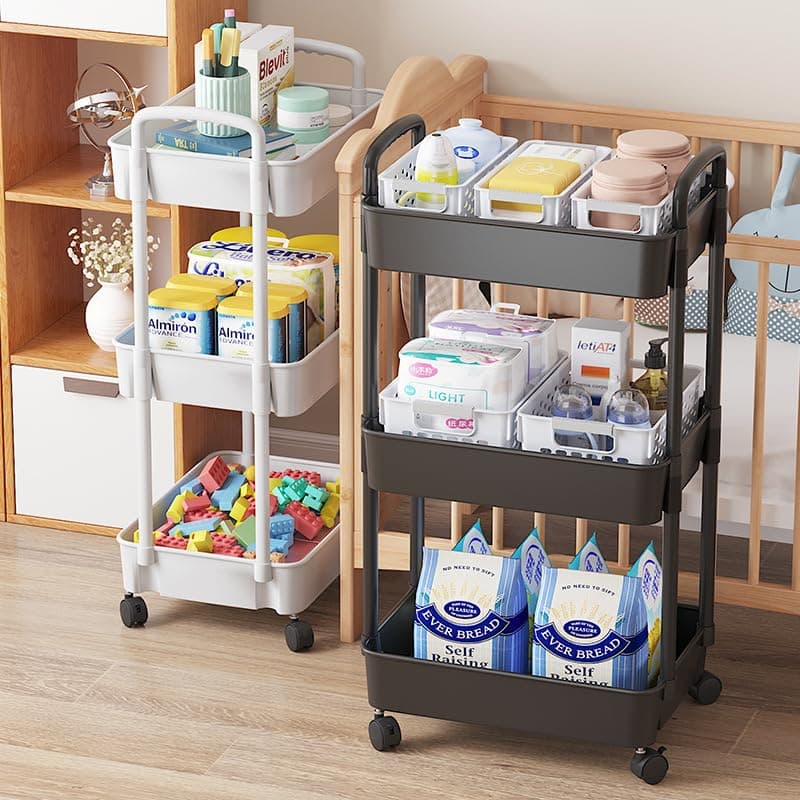3 Tier Storage Trolley Cart on Wheels Plastic Mobile Rolling Trolley For Kitchen Bathroom Laundry Rolling Rack 27D x 39W x 73H CM (White)