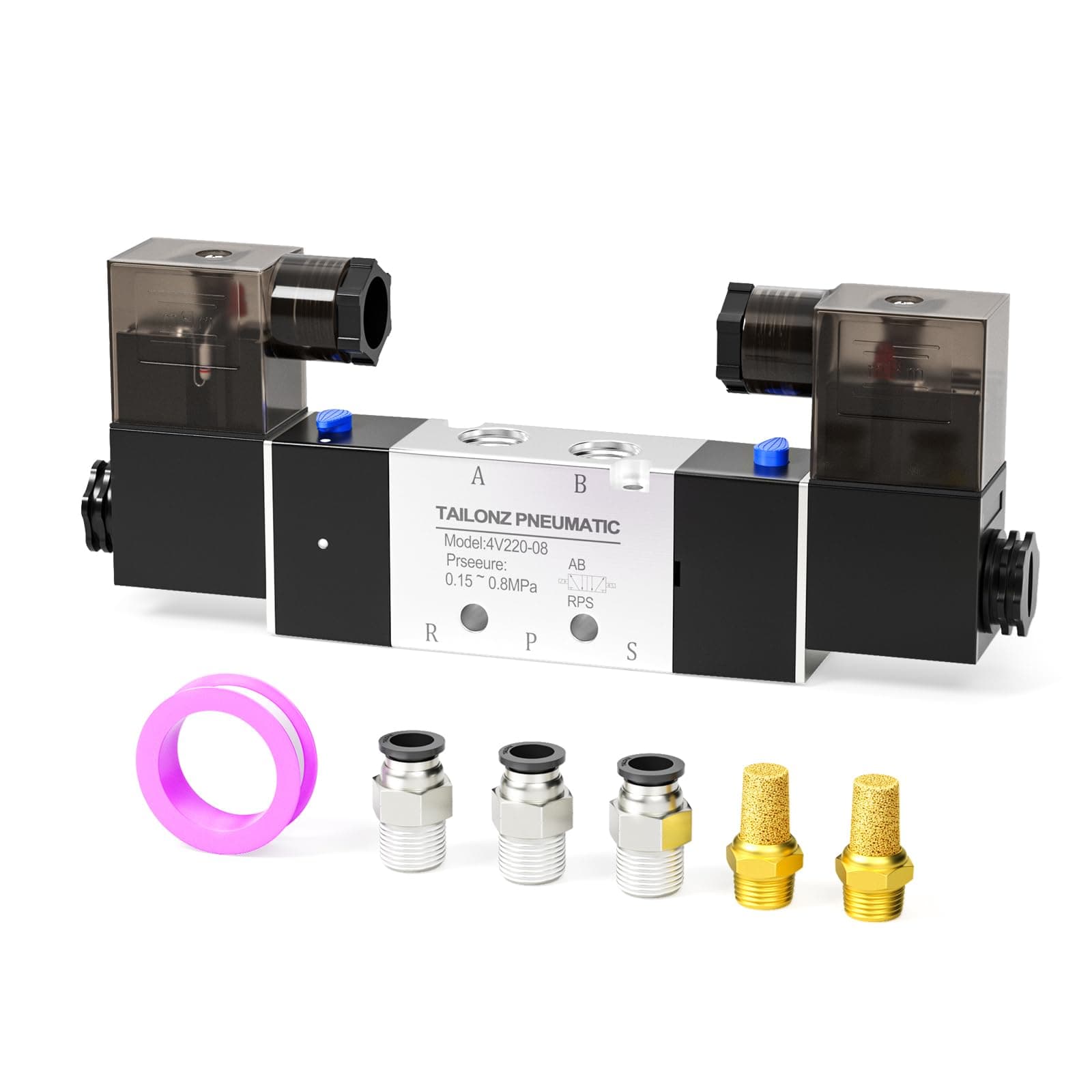 TAILONZ PNEUMATIC Solenoid Valve 4V220-08 DC24V 1/4"NPT Double Coil Pilot-Operated Electric 2 Position 5 Way Connection Type