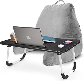 Nestl Reading Pillow with Portable Laptop Lap Desk - Shredded Memory Foam Back Support Pillow for Sitting Up in Bed and Couch Rest Pillows with Arms, Bed Tray Table with Foldable Legs, Light Grey