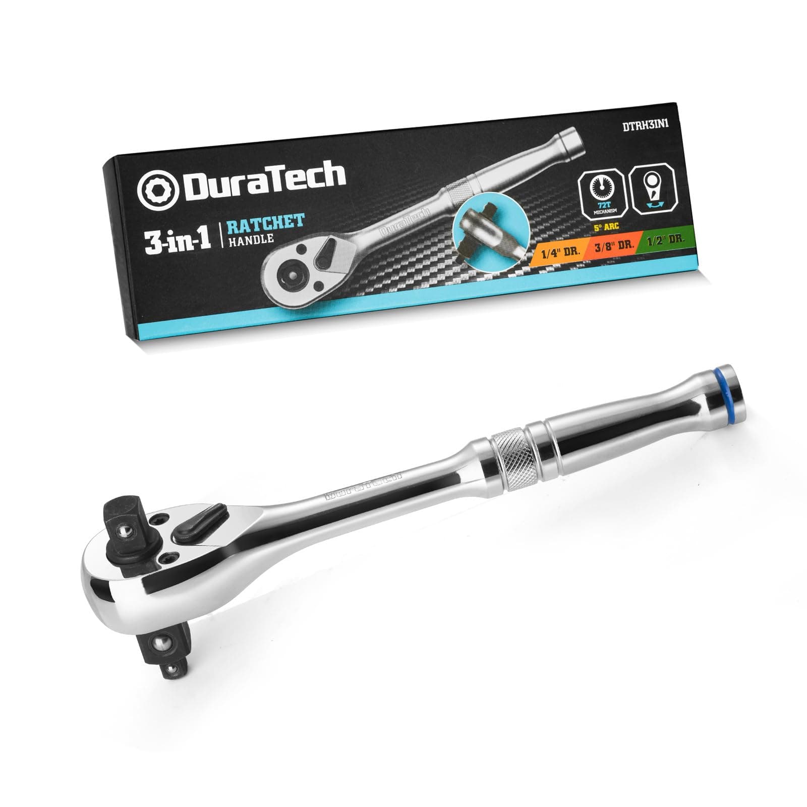 DURATECH 3‑in‑1 Reversible Ratchet Handle 180 mm, 1/4", 3/8", 1/2" Drive Ratchet Wrench, 72‑Tooth Alloy Steel Socket Wrench for Automotive Car Repair