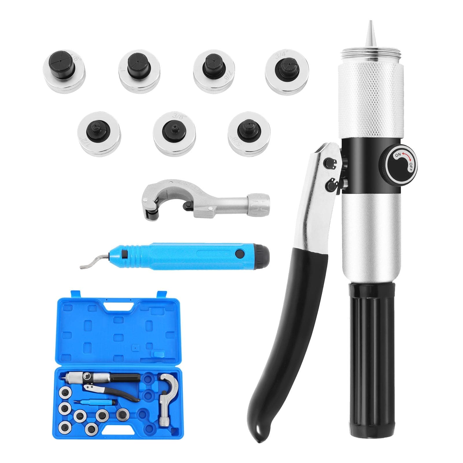 Hydraulic Tube Expander Tool Kit for 3/8" to 1-1/8" OD Copper Pipes, HVAC Hydraulic Swaging tool Kit with Tube Cutter, Deburring Tool and 7 Expander Heads for Copper Tubing Expanding