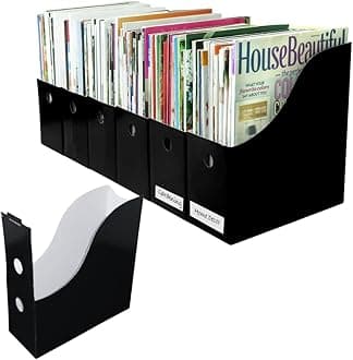 Evelots Magazine File Holder - Set of 6 Black - Office Desk Organizer - Sturdy Cardboard - New Upgraded Double Front Panel for More Stability - Full 4 Inch Wide - Easy Assemble