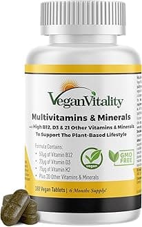 Multivitamins & Minerals with High Strength Vitamin B12, D3 & K2. 180 Multivitamin Tablets - 6 Months Supply. Multivitamin Tablets for Women and Mens Multivitamin. Suitable for Vegans