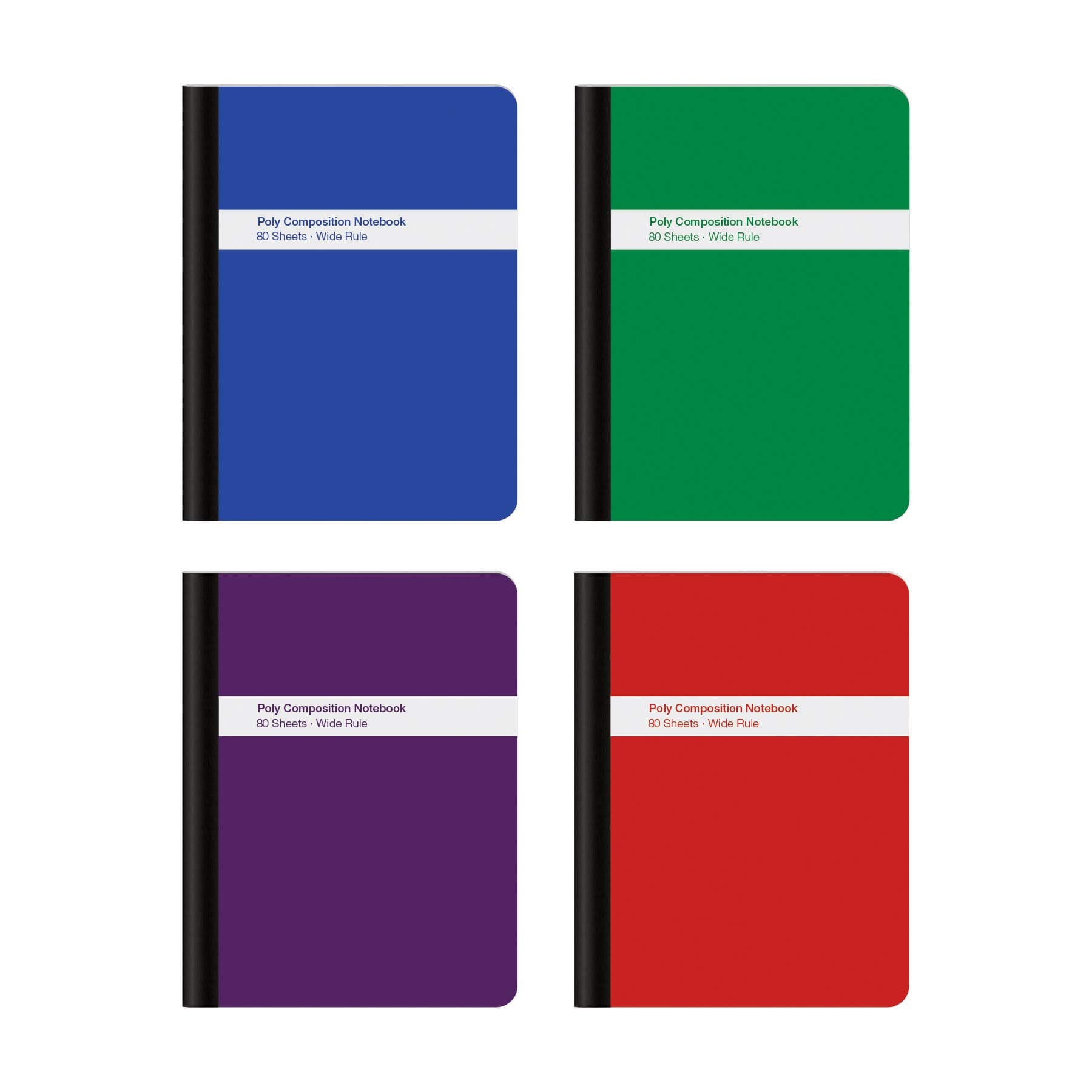 Poly Composition Notebook 4 Count(Pack of 1), Wide Ruled Paper, 9-3/4 x 7-1/2 Inches, 80 Sheets, Assorted Colors: Blue, Green, Purple, Red (64959)
