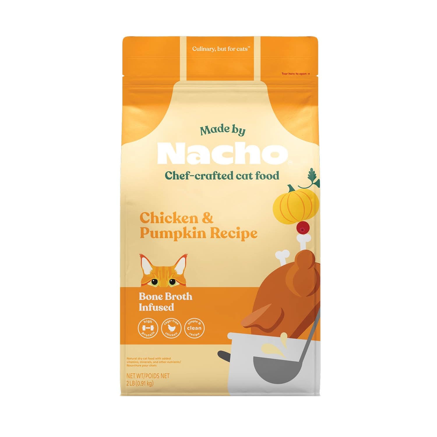 Bone Broth Infused Dry Cat Kibble - Cage-Free Chicken & Pumpkin Recipe - Premium Grain-Friendly Cat Food 2lb Bag