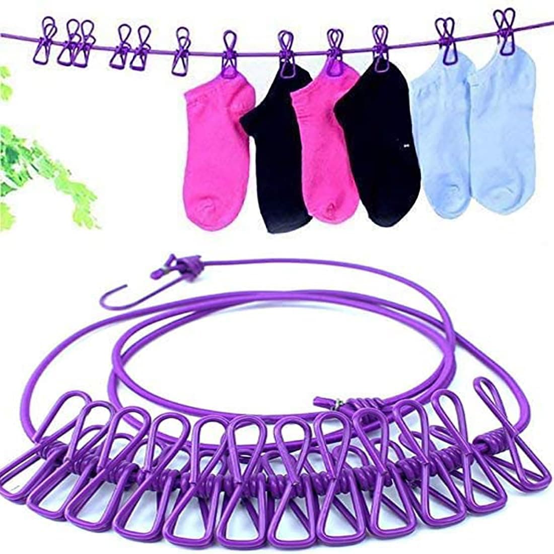 Travel Elastic Clothesline Laundry Line Camping Clothes Lines Adjustable Clothes Rope with 12pcs Clothespins Portable Clothesline with Clips for Outdoor Indoor Wind-Proof Clothesline Multicolour