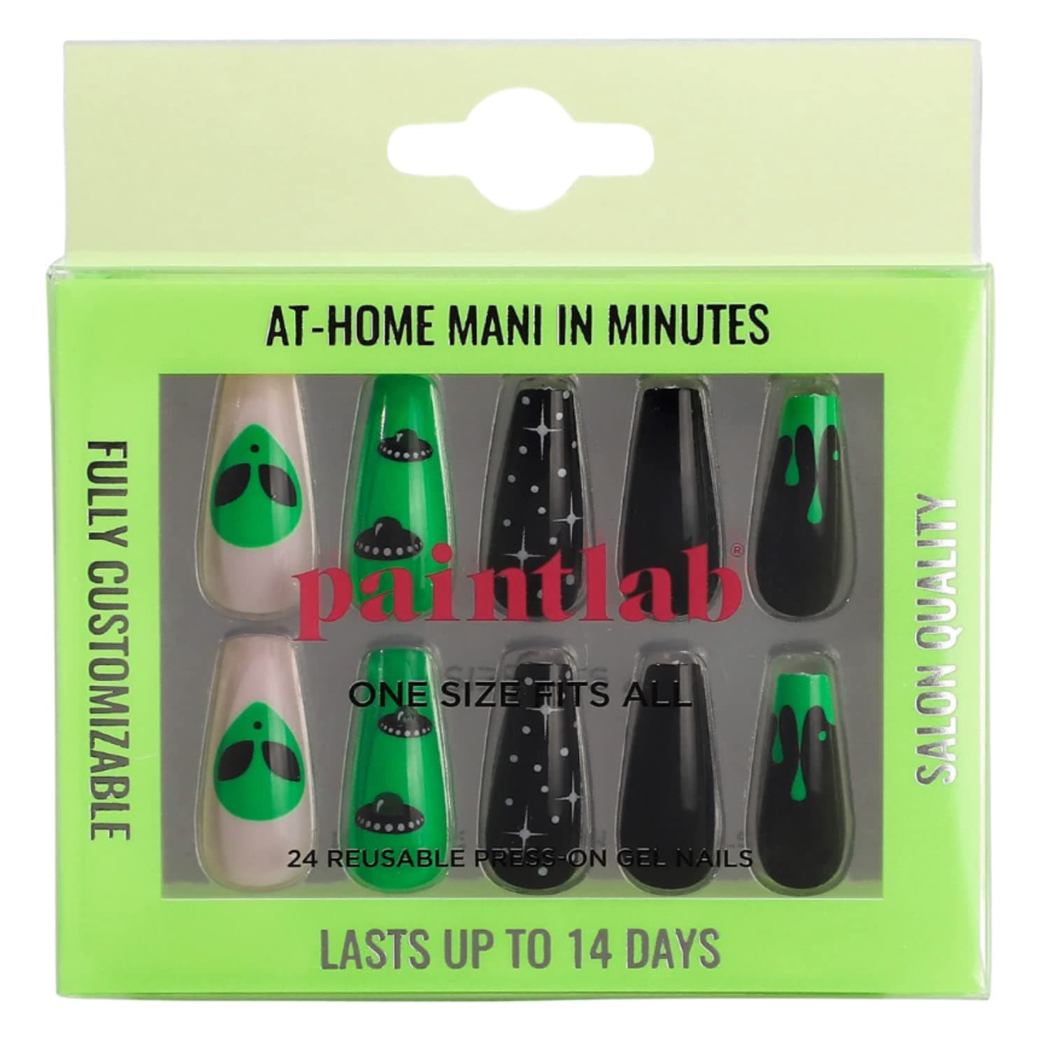 PaintLabPress On Nails, 24 Piece Fake Nails Kit Plus Nail Glue, Nail File, Prep Pad and Cuticle Stick, Gel Nail Kit for Women and Girls, Alien