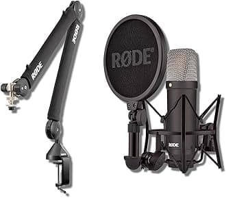 Rode NT1 Signature Series - Black Condenser Microphone with SM6 Shockmount, Rode PSA1+ Professional Microphone Boom Arm and Pop Filter
