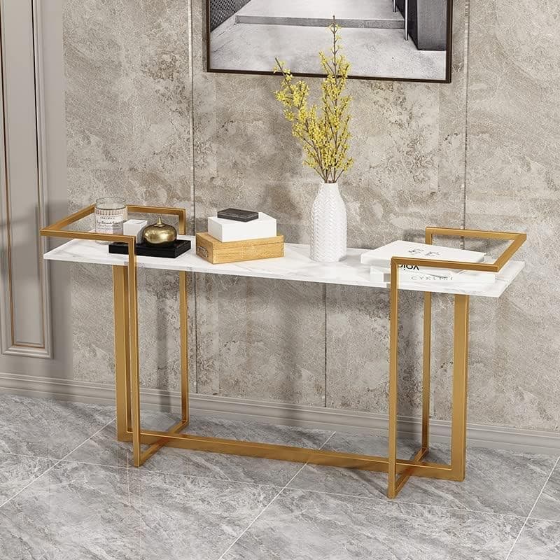 LINGWEIElegant Console Table with Gold Metal Frame & Marble Surface - 120x40x80cm, Modern Entryway Table for Living Room, Hallway, or Foyer