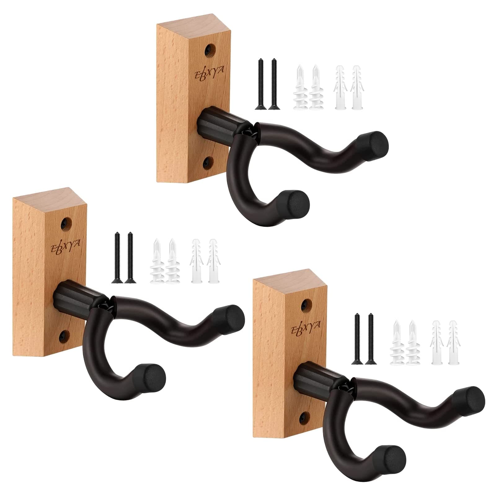EBXYA Guitar Wall Mount Hanger, 3 Pack Guitar Hanger Wall Mount, Hardwood String Swing Guitar Wall Hanger Adjustable Guitar Holder Hook, Electric Guitar Wall Mount for Bass, Mandolin, Banjo, Ukulele