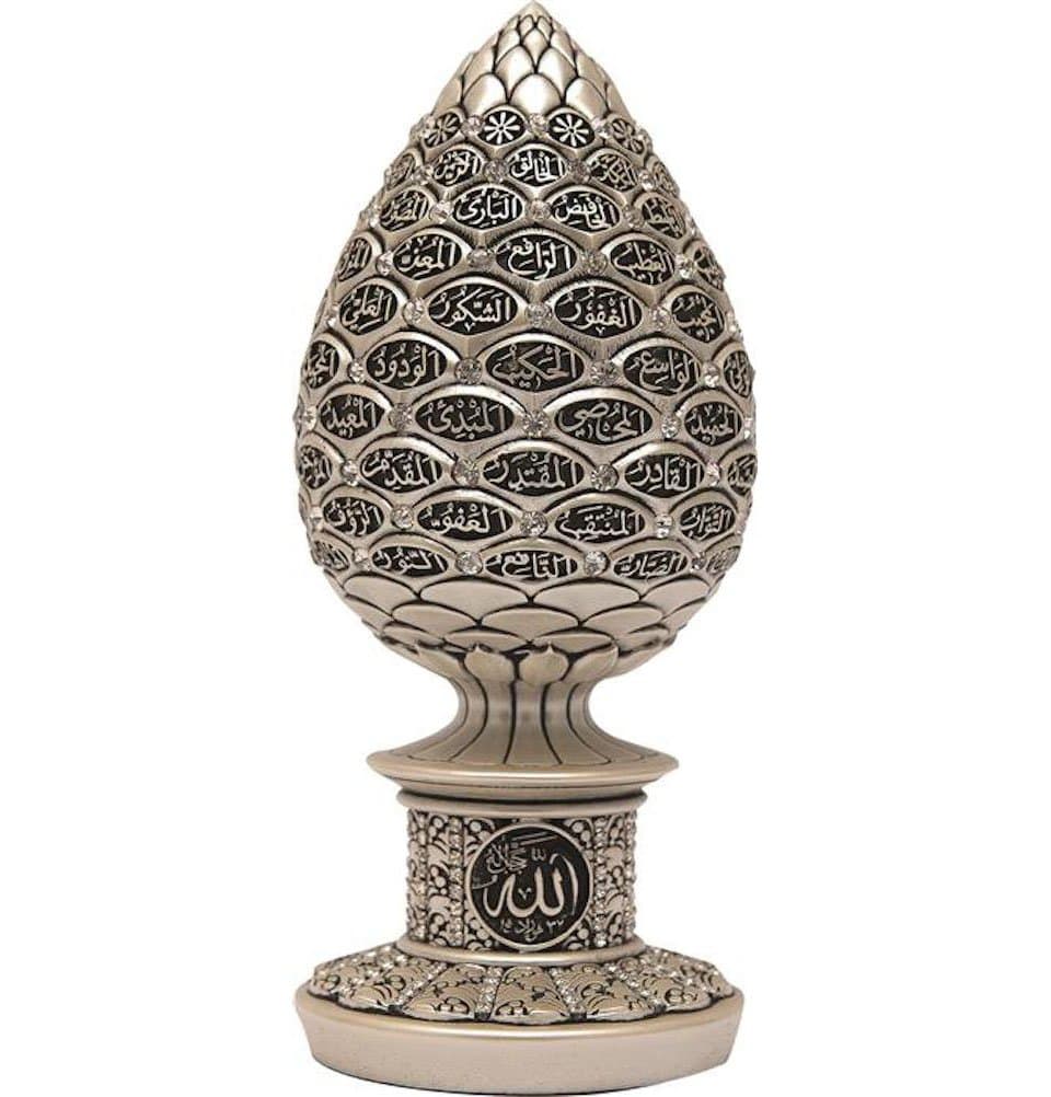Gunes Table Decor Gold Egg Sculpture Figure Arabic 99 Names of Allah ESMA Asma al Husna (Mother of Pearl, 7.5in)
