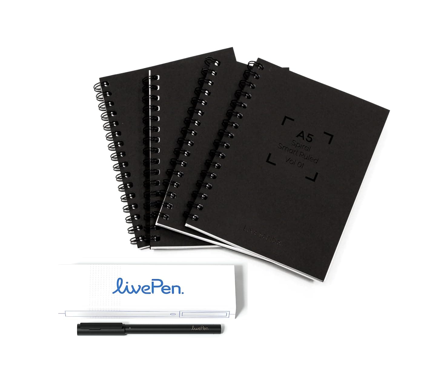 Livescribe LivePen Starter Set | Sync Real Ink and Paper Notes to Phone, Web, Tablet, Desktop, Laptop | Record Audio Synced to Notes | Includes Smart Pen and A5 Journal Notebooks (4-Pack) | APNX-70103