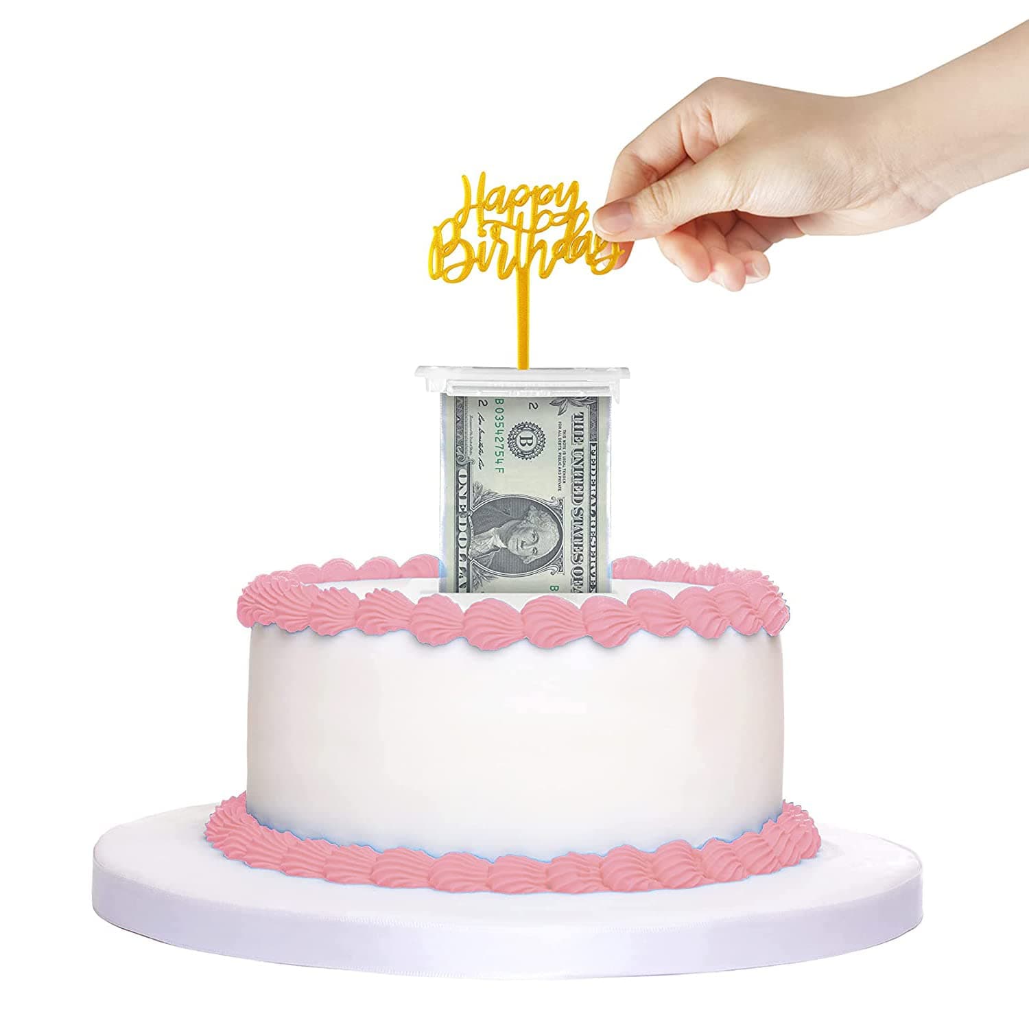The Money Cake - Money Cake Pull Out Kit Includes 1 Money Box 1 Plastic Roll 50 Transparent Bag Connected Pocket, and Happy Birthday Cake Topper for Birthday Parties