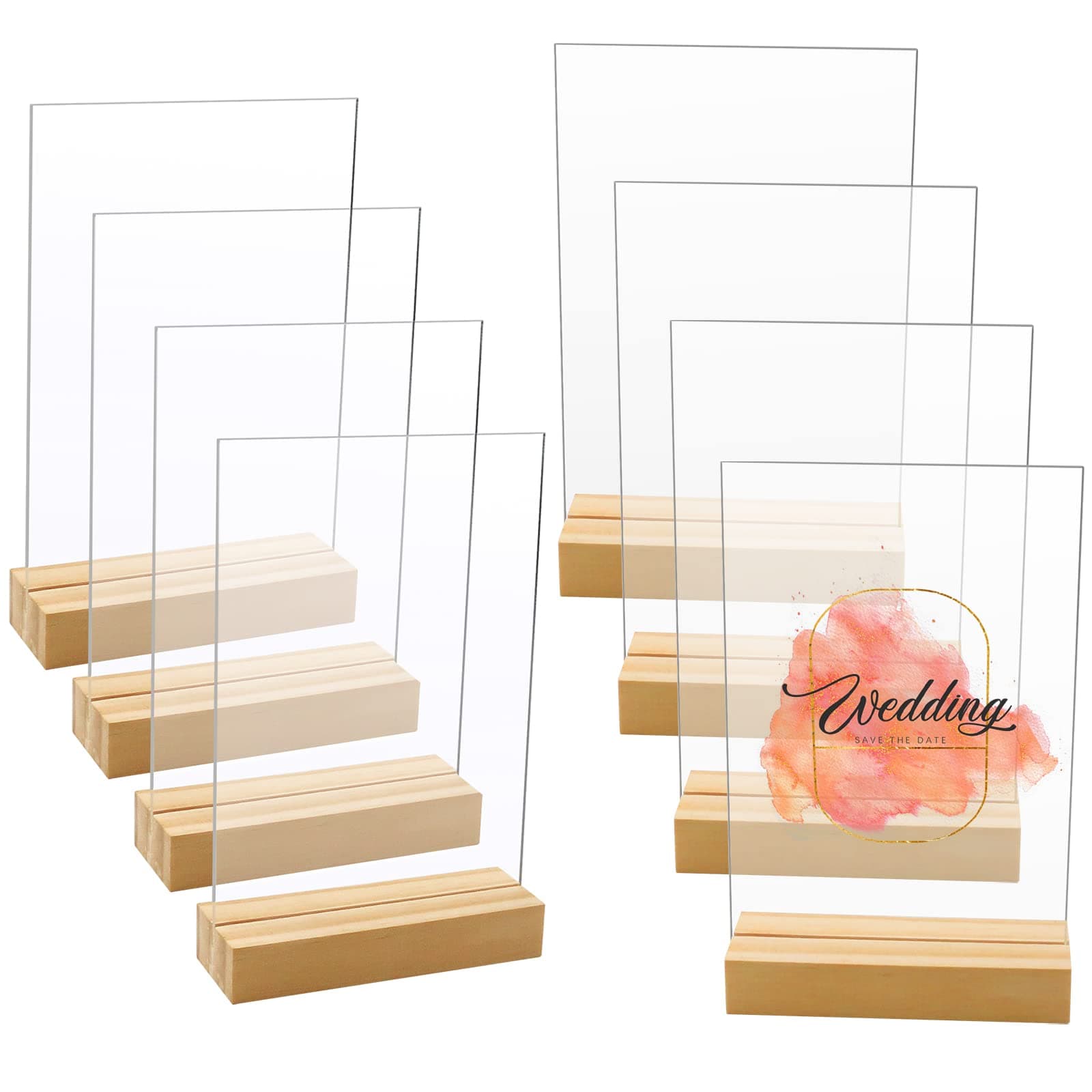 Newbested 8 Pack Blank Clear Acrylic Table Sign with Wooden Stands,4 x 6 Inch Top Menu Table Number Display Picture Stand Acrylic Sign Holder for DIY Name Card Gifts Event Party Sign Decoration