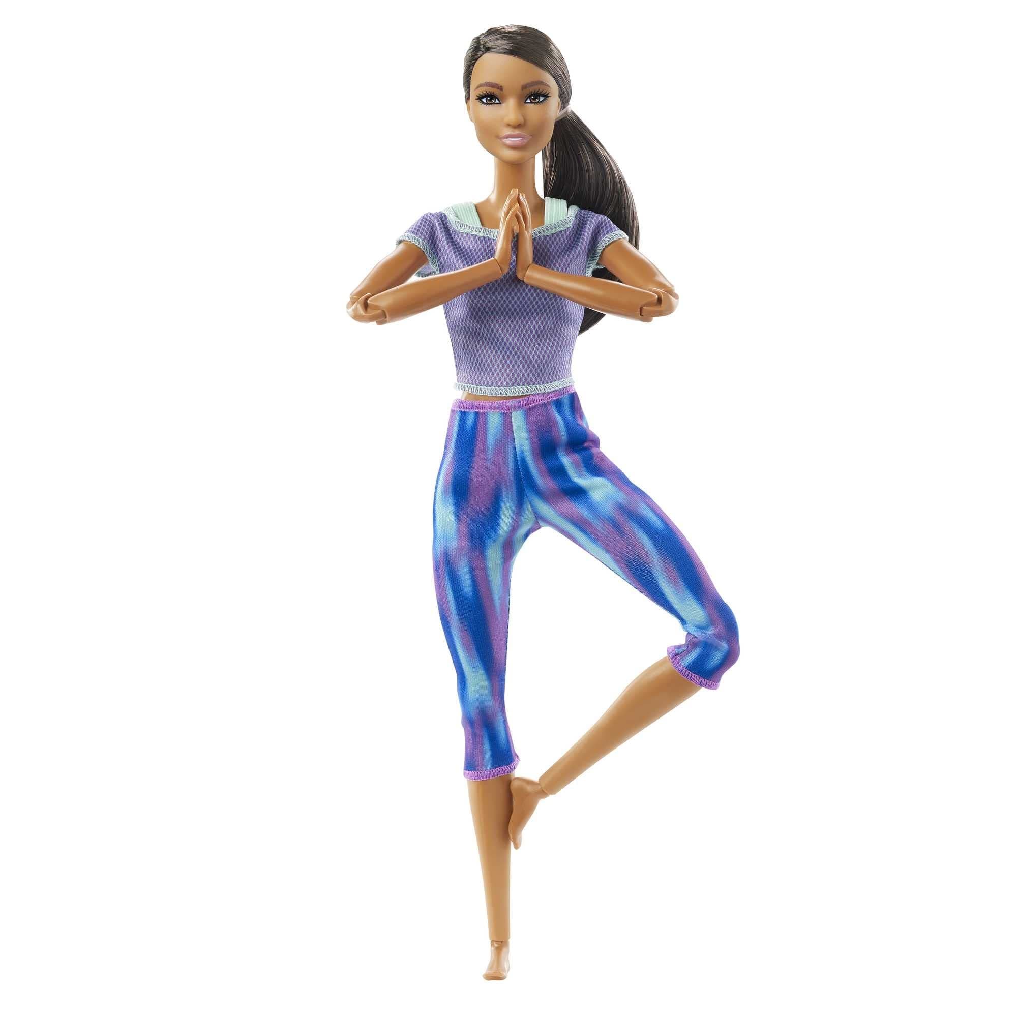 Made to Move Doll with 22 Flexible Joints & Curly Brunette Ponytail Wearing Athleisure-wear for Kids 3 to 7 Years Old, GXF06, Blue, Purple