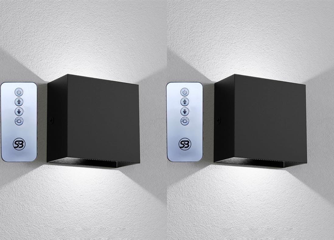 Indoor LED Wall Lamp with Touch Switch, Cordless Lamp Rechargeable USB Wall Sconce Lights Battery Powered Bedside Lamps for Bedroom Stairwell (Black 2pack with Remote, 6000K)