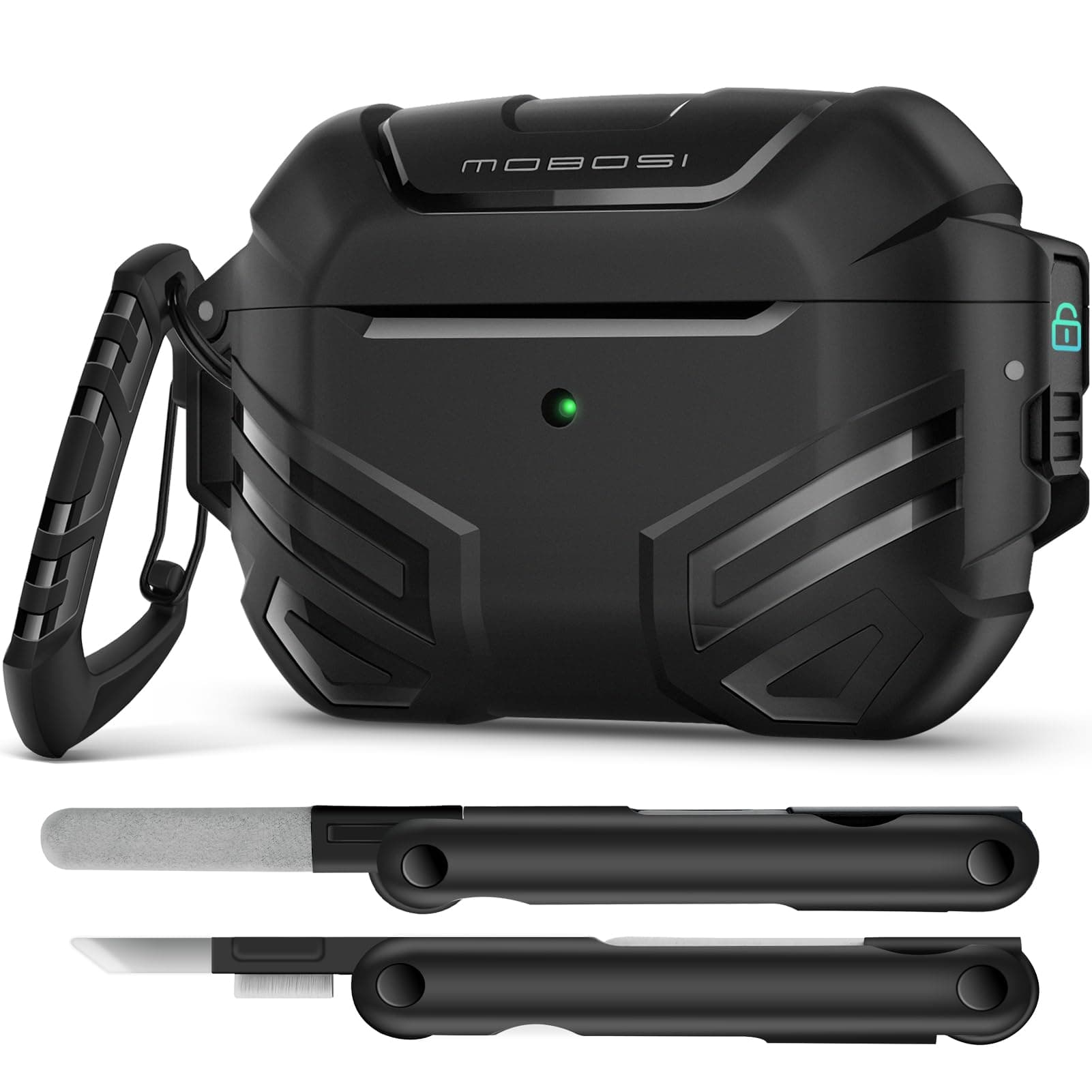 MOBOSI for AirPods Pro 2 Case with Lock, Compatible with AirPod 2nd Gen Cover [Fit for MagSafe], Military Grade Hard Shell for iPods Pro2 with Cleaner Kit & Keychain for Men(2023), Black