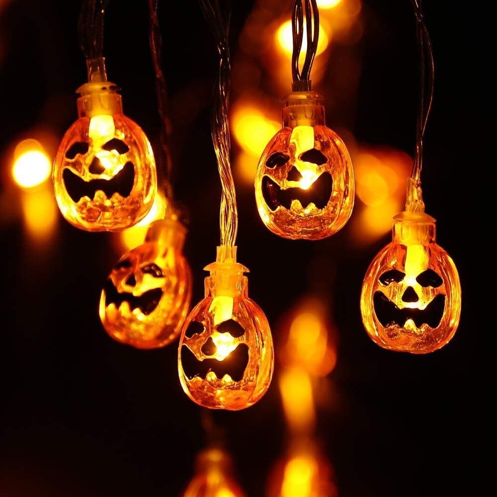 Qedertek Halloween Decorations Pumpkin Lights 20 LED 7.5ft Battery Operated String Lights for Halloween Party, 2 Lighting Modes, Flash/Steady On
